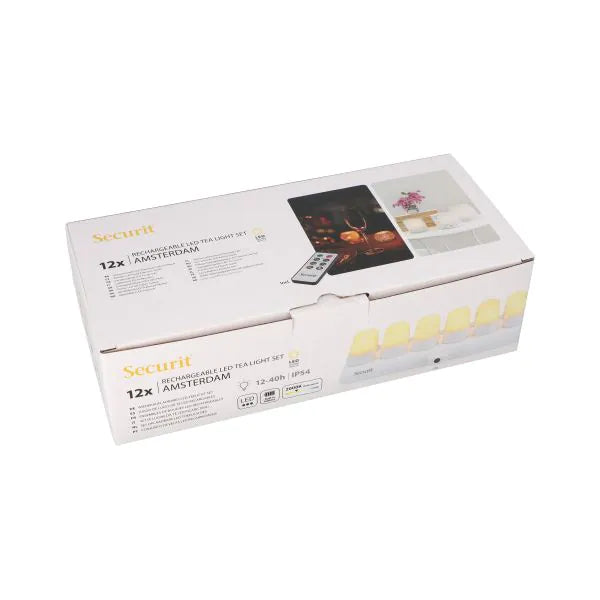 Papstar Securit® 12 candeline a LED incl. stazione di ricarica Ø 4 cm x 5 cm Tempo di illuminazione "Amsterdam" 12-40 ore