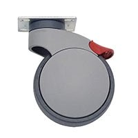 La ruota girevole a scorrimento facile Novocal in plastica con doppio freno Ø 125 mm, ideale per i carrelli di assistenza, dispone di una ruota grigia con piastra superiore piatta e leva del freno rossa. Marca: Novocal. Raffigurata su sfondo bianco. Confezione: 1 pezzo.