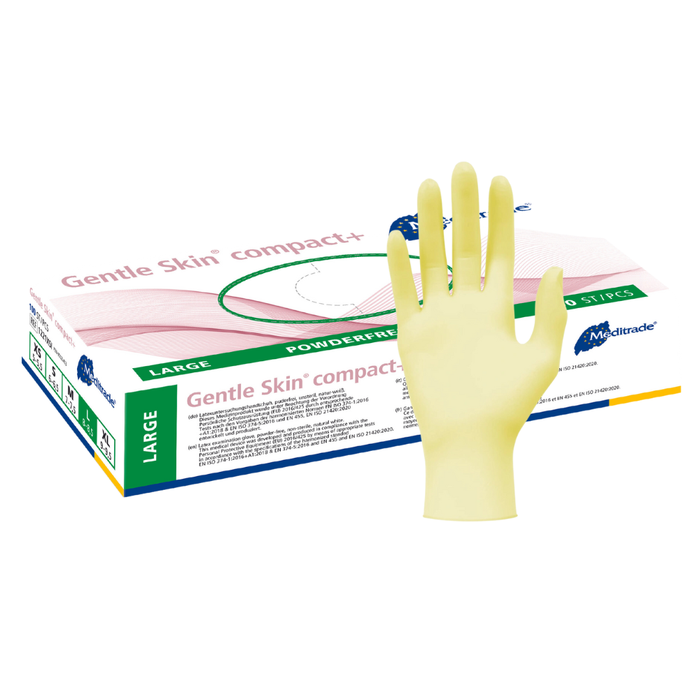 Davanti a una scatola aperta di guanti medici Meditrade Gentle Skin® Latexhandschuhe compact+ guanti monouso è esposto un guanto in lattice giallo, con alcuni guanti visibili nella scatola. Il testo sulla scatola indica che si tratta di guanti di taglia grande.