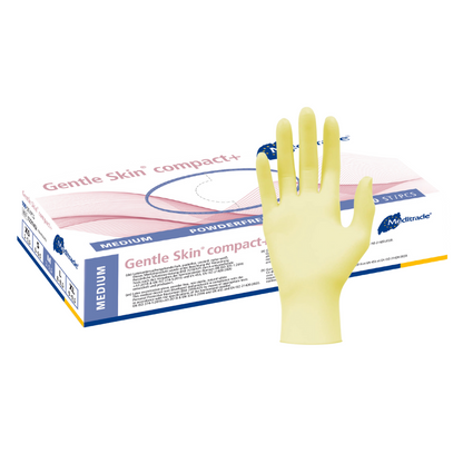 Una scatola di guanti monouso Meditrade Gentle Skin® Latexhandschuhe compact+, con un guanto monouso in lattice giallo sulla parte anteriore della scatola.