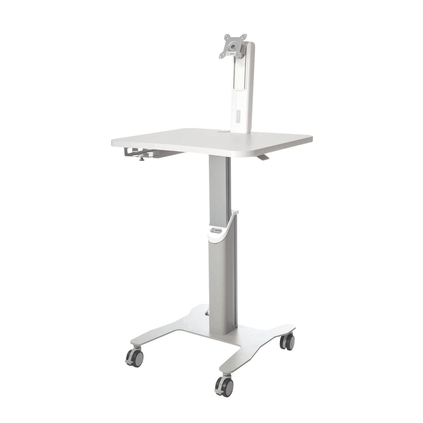 Il Novocal Mobile Workstation per laptop o PC a pannello offre un utilizzo flessibile e una posizione stabile grazie al braccio monitor regolabile in altezza, supporto VESA, piano del tavolo piatto, quattro ruote e struttura a T.
