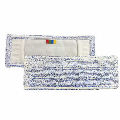 Due tamponi rettangolari Arcora Excellent Blue-White Fc-Mopp con fibre blu e bianche - uno con superficie di pulizia strutturata, l'altro con anelli di tessuto e codifica colore. Compatibile con i sistemi di Arcora International GmbH.