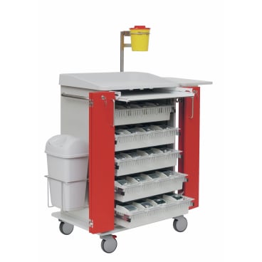 Un carrello per farmaci Novocal di Novocal con quattro cassetti estraibili più scomparti per farmaci, pareti laterali rosse, fondo in plastica piena, contenitore per rifiuti bianco sul lato, contenitore giallo per oggetti taglienti in alto e quattro ruote.