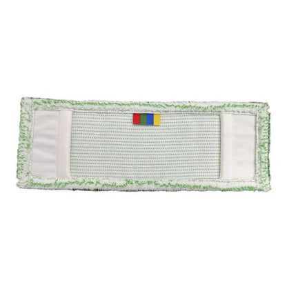 L'Arcora Excellent Green-White Db-Fc Mopp con codifica a colori e copertina di Arcora International GmbH è una testa di mop rettangolare bianca con un centro grigio strutturato, un bordo verde, due strisce bianche su ciascuna estremità e un appendino multicolore.