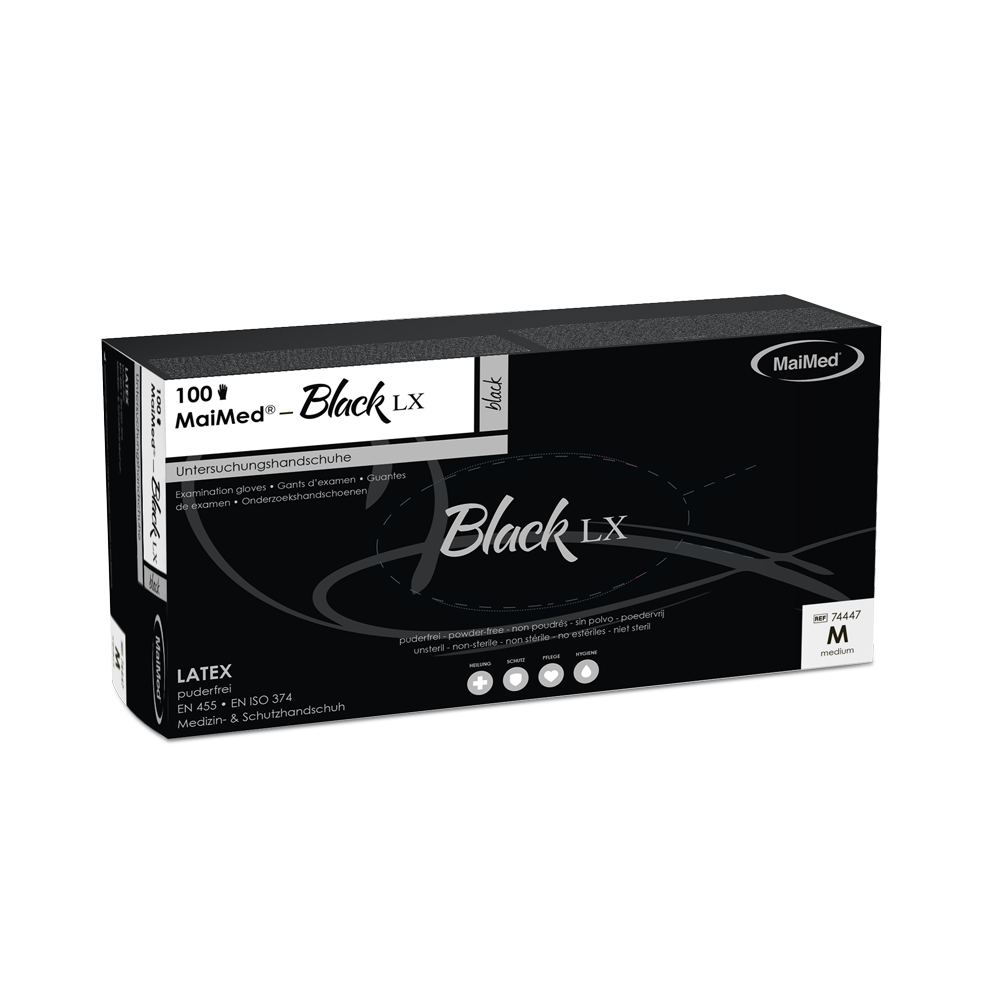 Guanti da esplorazione in lattice monouso MaiMed-Black LX PF, senza polvere, 100 pezzi/scatola