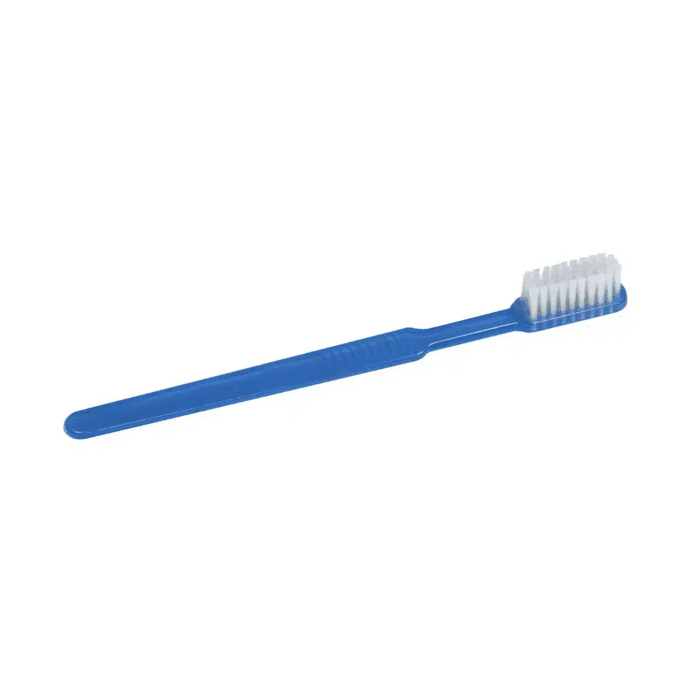Lo spazzolino monouso Med Comfort Dental PS della AMPri Handelsgesellschaft mbH dispone di una struttura in polistirolo resistente, un manico blu allungato con una leggera struttura di presa e una testa rettangolare con setole bianche, rendendolo perfetto per la cura dei denti.