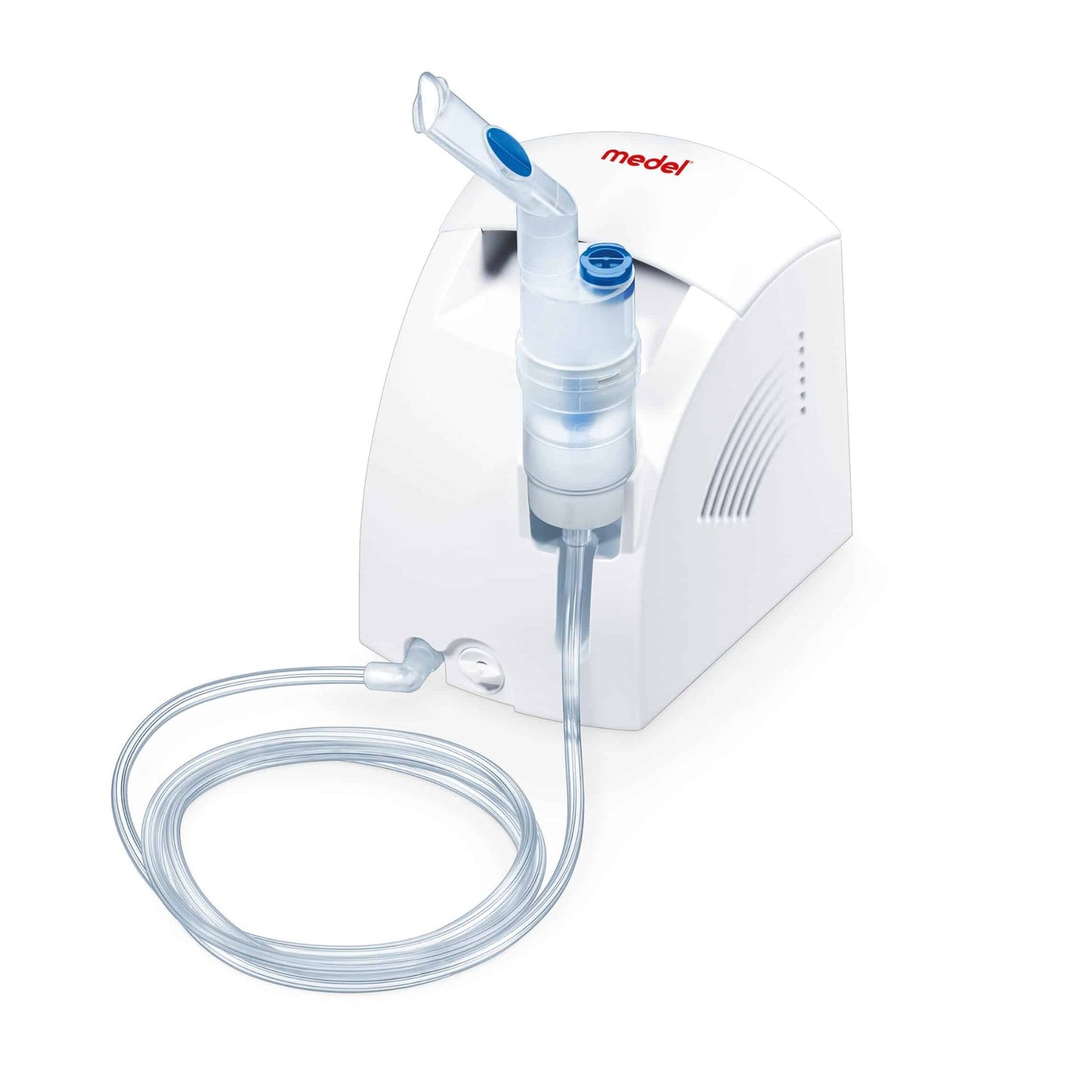 L'articolo fuori produzione: Nebulizzatore Medel Air Plus di Beurer GmbH (confezione da 2 dispositivi) si distingue per il suo design bianco con accenti blu, il bicchiere e il tubo trasparenti per i farmaci, nonché la scritta rossa "medel" - ideale per le malattie respiratorie.
