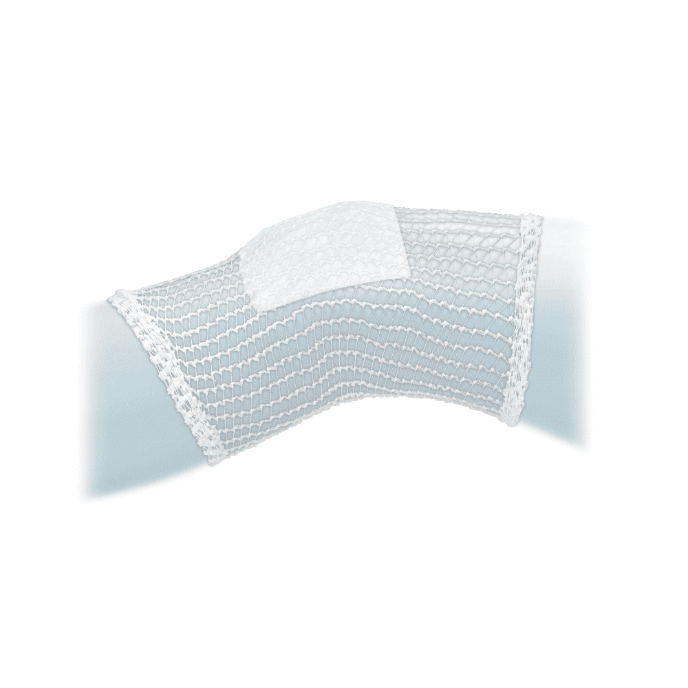 Un campione di benda a rete Meditrade ABE® bianco e strutturato in diverse dimensioni con un motivo a onde, mostrato su uno sfondo luminoso e ombreggiato per evidenziare la sua tessitura intricata e il suo design altamente elastico.