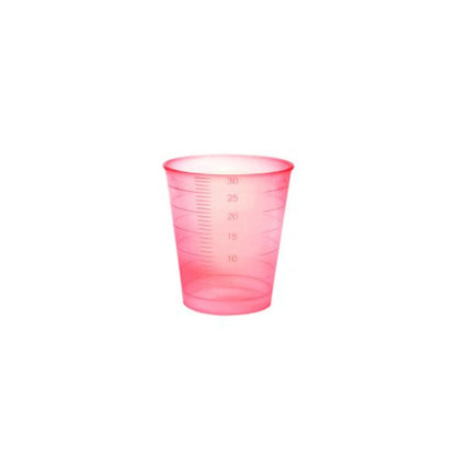 Un bicchierino monouso rosa trasparente Meditrade con linee di misurazione che indicano il volume in millilitri.