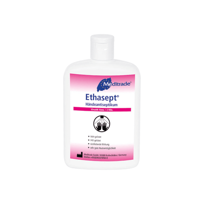 Una bottiglia di disinfettante per le mani Meditrade Ethasept® della Meditrade GmbH con un'etichetta bianco-rosa. Il prodotto è progettato per contenere il 70% di alcol, essere delicato sulla pelle e avere un effetto antibatterico.