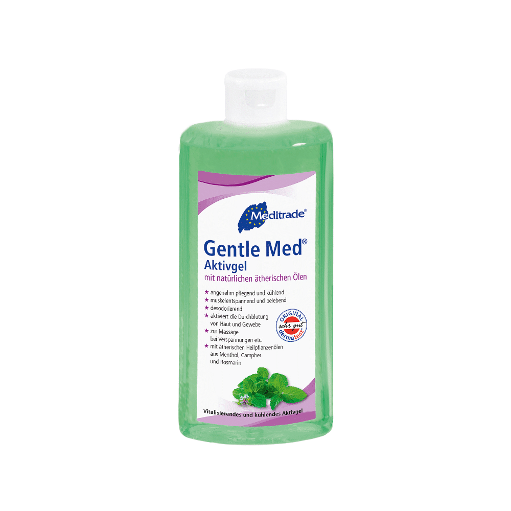 Una bottiglia da 500 ml di Meditrade Gentle Med® Aktivgel della Meditrade GmbH, che contiene un gel verde rinfrescante arricchito con oli essenziali naturali come mentolo e rosmarino. L'etichetta tedesca è completata da un tappo ribaltabile bianco.