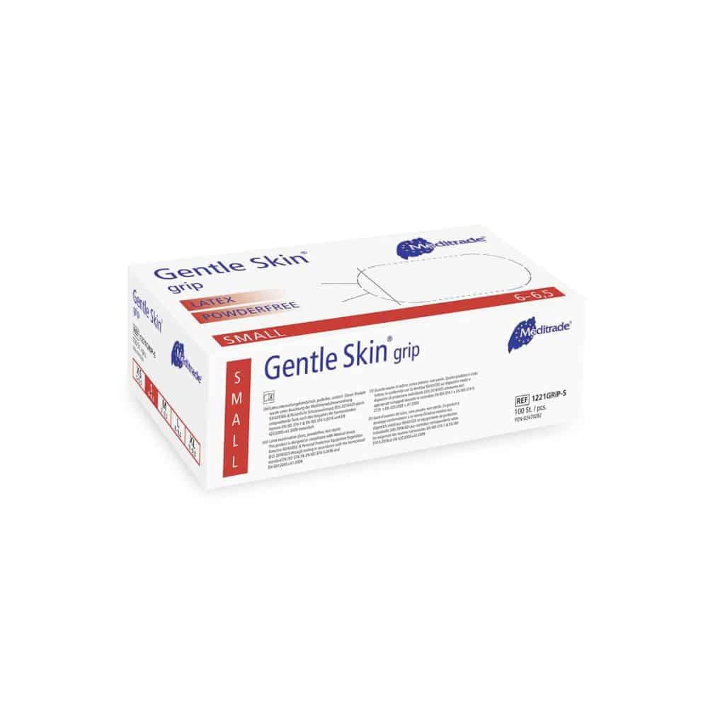 Una scatola rettangolare sigillata con guanti medici Meditrade Gentle Skin® Grip guanti da esame in lattice taglia S, con le informazioni sul prodotto e il logo di Meditrade GmbH. La scatola è
