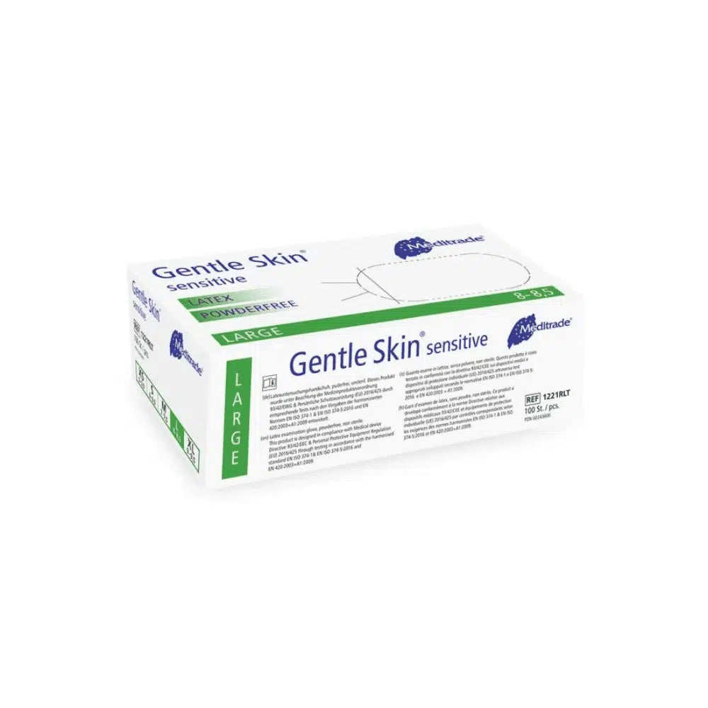 Una scatola di guanti monouso in lattice Meditrade Gentle Skin® sensitive su sfondo bianco. La scatola è verde e bianca con un testo che descrive le caratteristiche del prodotto come guanti monouso.