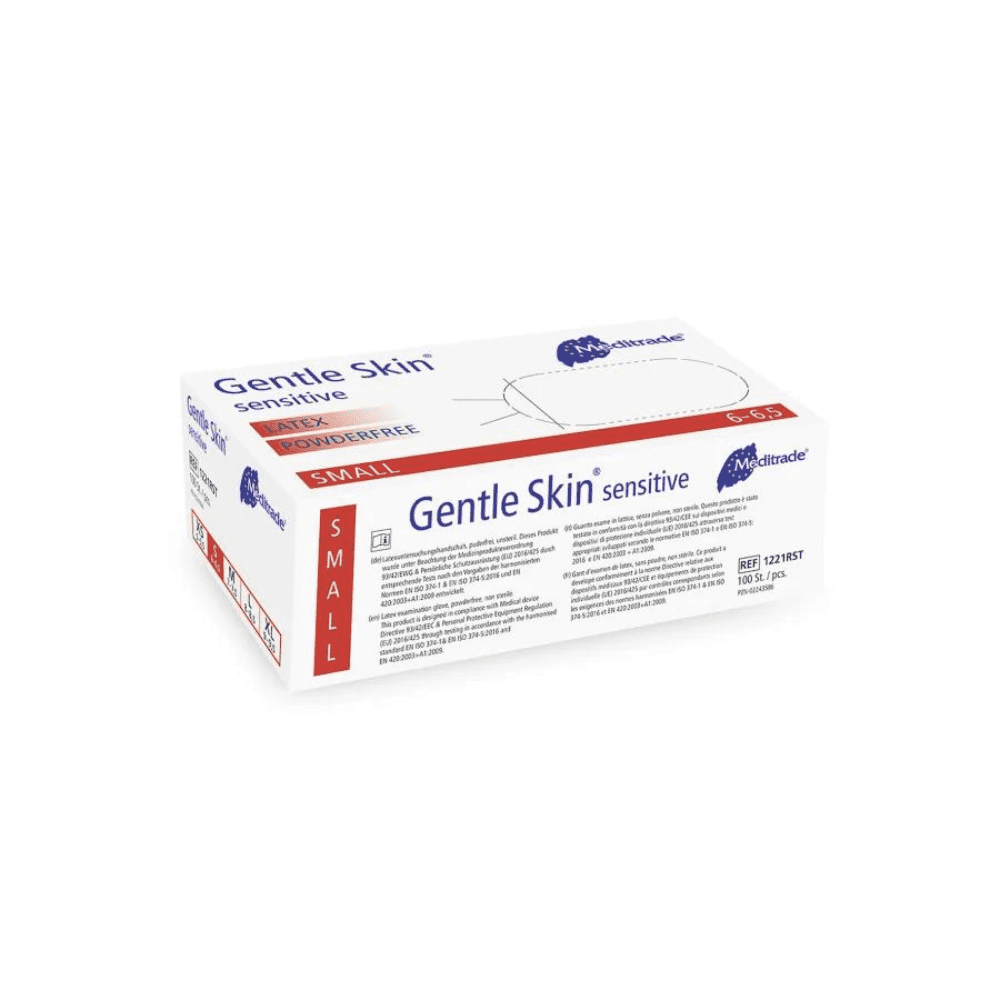 Una scatola di piccoli guanti monouso in lattice Meditrade Gentle Skin® sensitive di Meditrade GmbH su sfondo bianco. La scatola è prevalentemente bianca con testo rosso e blu che descrive le caratteristiche del prodotto.