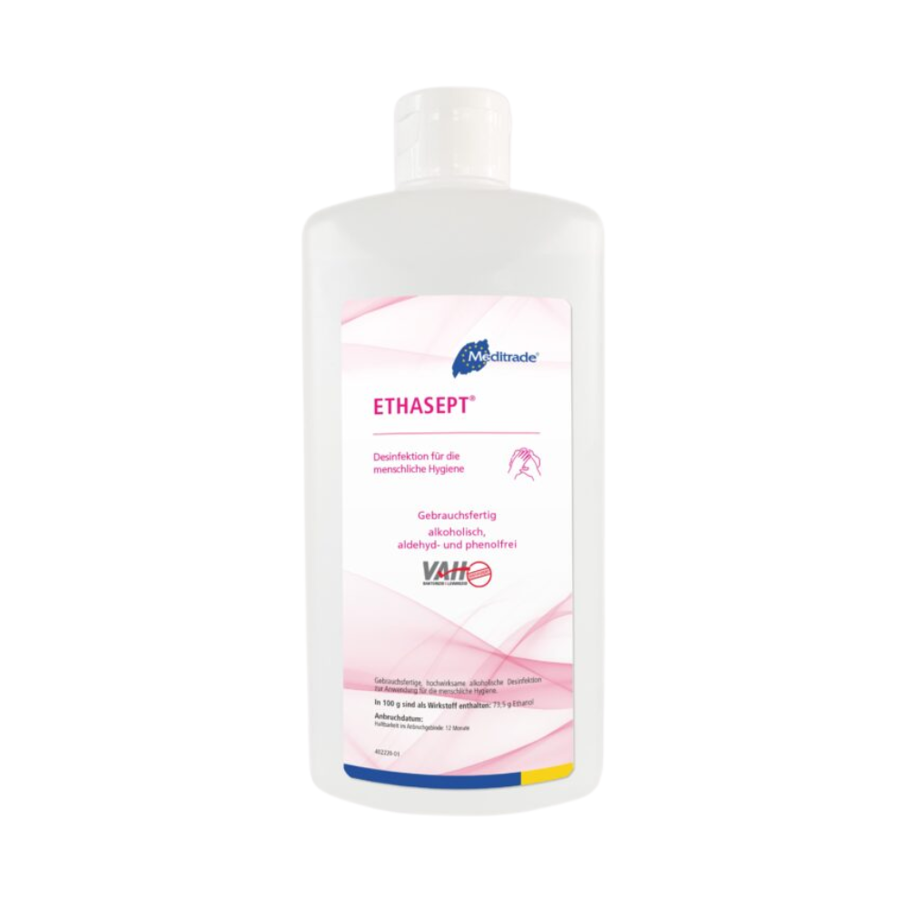 Una bottiglia di disinfettante per le mani Meditrade Ethasept® con etichetta bianca con accenti rosa e viola e testo in tedesco. Il logo in alto evidenzia l'utilità medica.