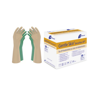 Un paio di guanti Meditrade Gentle Skin® Securitex OP® verdi sta in piedi accanto alla scatola di imballaggio con la scritta "Meditrade GmbH" in blu e giallo e dettagli del prodotto in più lingue.