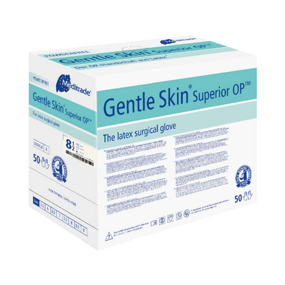 Una scatola di guanti chirurgici in lattice Meditrade Gentle Skin® Superior OP™, taglia 8,5, contiene 50 paia. La confezione è prevalentemente bianca e blu con dettagliate informazioni sul prodotto. Questo guanto chirurgico in lattice è del marchio Meditrade GmbH.