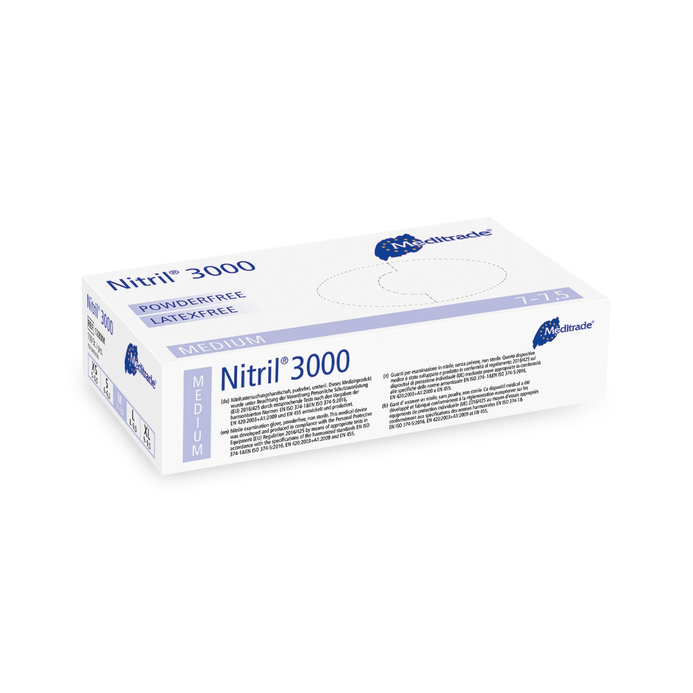 Una scatola di guanti in nitrile Meditrade Nitril® 3000 di taglia media, senza polvere e senza lattice. La confezione è prevalentemente bianca e blu con testo e loghi.