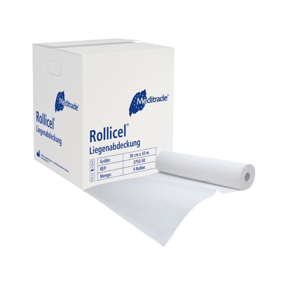 Una scatola bianca con carta medica Meditrade Rollicel® / rotolo, 39 - 59 cm x 50 m, a 2 strati del marchio Meditrade GmbH, raffigurata con un foglio srotolato che sporge dalla scatola. I dettagli della scatola includono la dimensione del prodotto e la quantità. Questo prodotto è anche conosciuto come