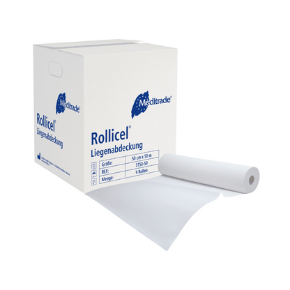 Una scatola bianca con carta medica Meditrade Rollicel® / rotolo, 39 - 59 cm x 50 m, a 2 strati del marchio Meditrade GmbH, raffigurata con un foglio srotolato che sporge dalla scatola. I dettagli della scatola includono la dimensione del prodotto e la quantità. Questo prodotto è anche conosciuto come