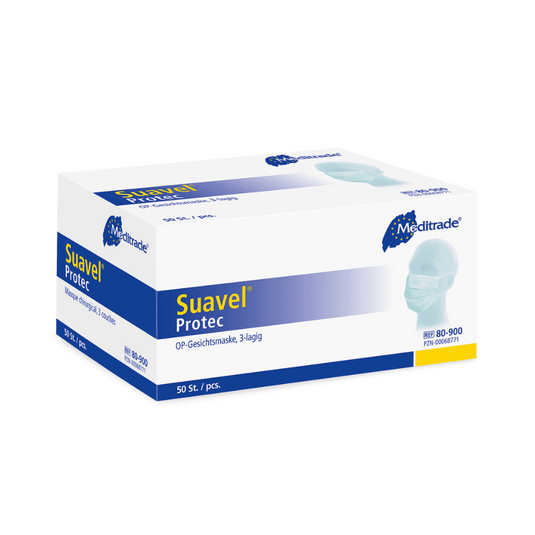 Una scatola rettangolare di maschere chirurgiche Meditrade Suavel® Protec da 50 pezzi. La scatola è principalmente bianca con dettagli blu e mostra un'immagine di una persona che indossa una maschera. Contiene 50 maschere chirurgiche (a 3 strati) con alta efficienza di filtrazione batterica ed è dotata di vari testi e loghi della Meditrade GmbH.