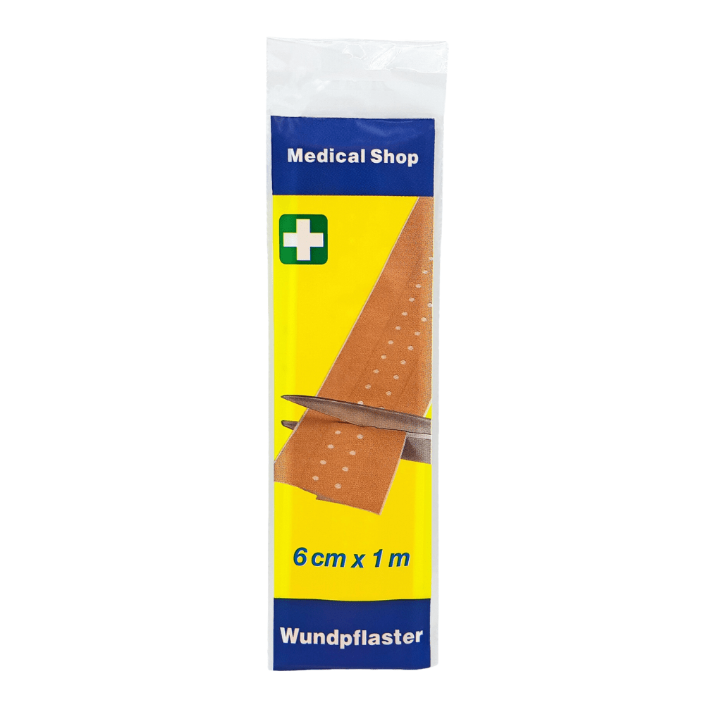Nell'immagine è raffigurata una confezione di cerotti "Medical Shop" di Holthaus Medical GmbH & Co. KG, 6 cm x 1 m, busta rigida. Sulla confezione è raffigurata una forbice che taglia una striscia del cerotto "rigido". Il design è blu e giallo, con un simbolo a croce verde e la scritta "6 cm x 1 m". Perfetto per una cura efficace delle ferite.