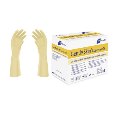 Due guanti chirurgici Meditrade Gentle Skin® Isopretex® sterili senza polvere di colore beige sono esposti accanto a una scatola. La scatola è etichettata in inglese e tedesco e sottolinea le caratteristiche sterili e senza polvere dei guanti. Simboli evidenziano la composizione priva di lattice e il rispetto degli standard di sicurezza.