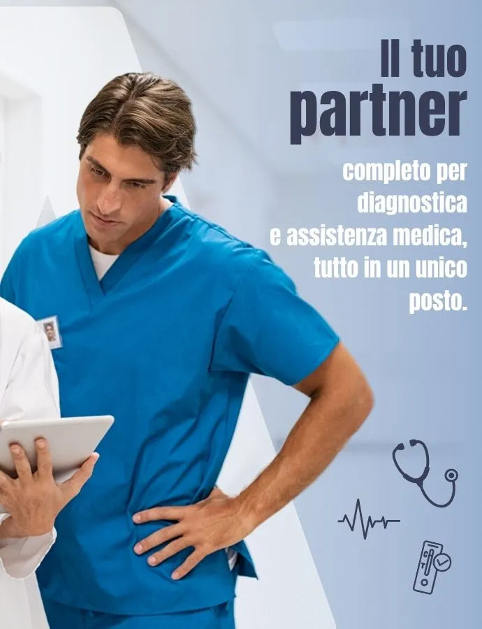 Tre professionisti sanitari stanno insieme e guardano un tablet, mentre a destra compare un’area promozionale con simboli medici