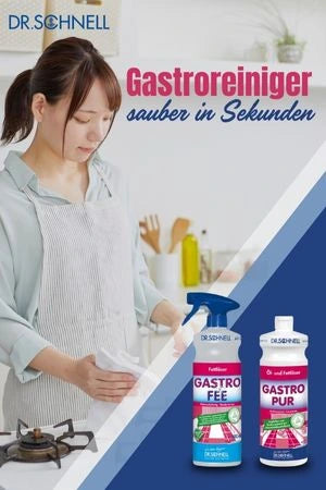 Dr. Schnell Gastroreiniger: Effektive Reinigung in Sekunden. Mit Produkten wie Gastro Fee und Gastro Pur für eine schnelle und gründliche Reinigung von Oberflächen in Küche und anderen Bereichen.