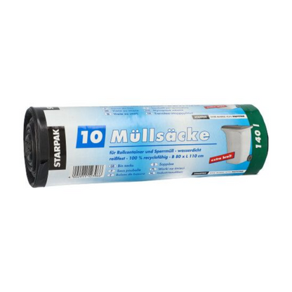 Un rotolo di sacchi per rifiuti Starpak 10, LDPE-nero 140L (80 x 110 cm) con testo tedesco sull'etichetta blu, verde e bianca; ogni rotolo contiene 10 sacchi.