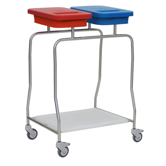 Der Novocal Edelstahl-Abfallsammler "Kompakt" Zweifachsammler ist ein Edelstahlwagen mit vier Rädern, zwei oberen Behältern (mit rotem und blauem Deckel) zur einfachen Mülltrennung und einer weißen Bodenplatte.