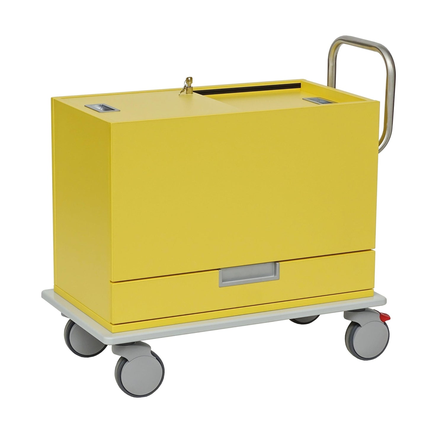 Il carrello per schede e biglietti da visita Novocal è un carrello rettangolare giallo con maniglia in metallo, serratura, ruote girevoli, cassetto inferiore e fondo piatto bianco - ideale per la conservazione mobile in strutture mediche o uffici. Realizzato con pannelli speciali di alta qualità della classe E.