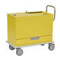 Il carrello per schede e biglietti da visita Novocal è un carrello rettangolare giallo con maniglia in metallo, serratura, ruote girevoli, cassetto inferiore e fondo piatto bianco - ideale per la conservazione mobile in strutture mediche o uffici. Realizzato con pannelli speciali di alta qualità della classe E.