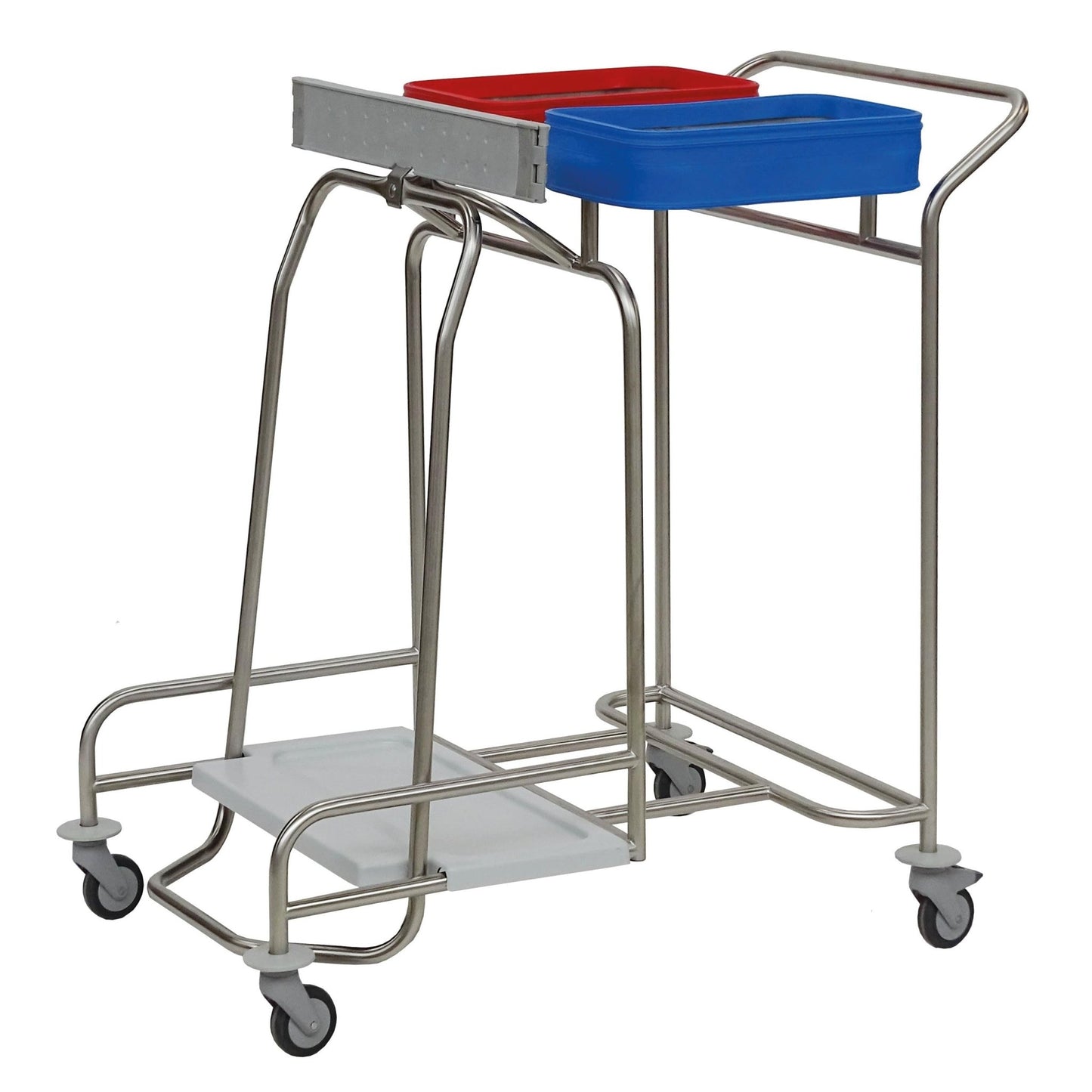 Il raccoglitore di biancheria in acciaio inox Novocal "Kompakt plus" a doppio scomparto è dotato di un telaio in acciaio inox, quattro ruote e contiene due contenitori rettangolari - rosso e blu - per una classificazione efficiente della biancheria.