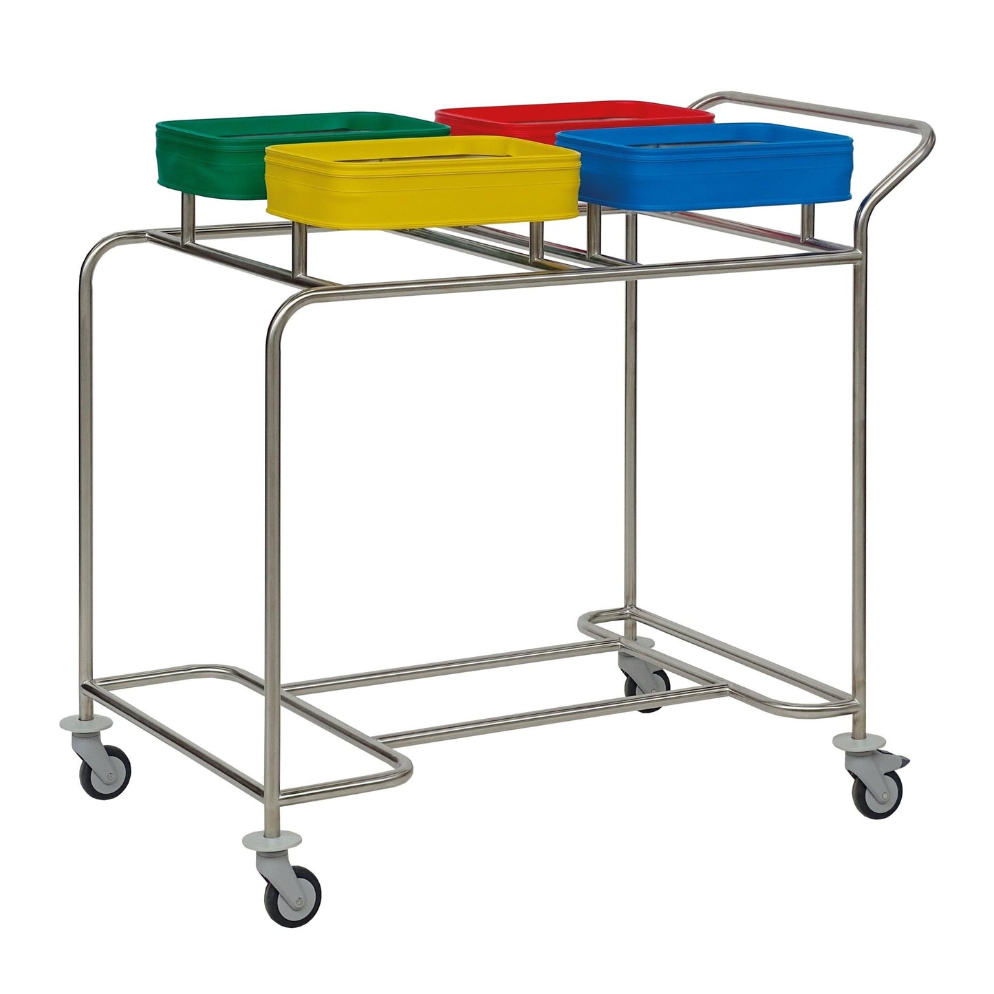 Il raccoglitore di biancheria in acciaio inox Novocal "Kompakt plus" a quattro scomparti dispone di un telaio in acciaio inox, quattro ruote, una maniglia e contiene quattro contenitori colorati (verde, giallo, rosso, blu) per la biancheria sporca - ciascun contenitore con una fessura nella parte superiore.