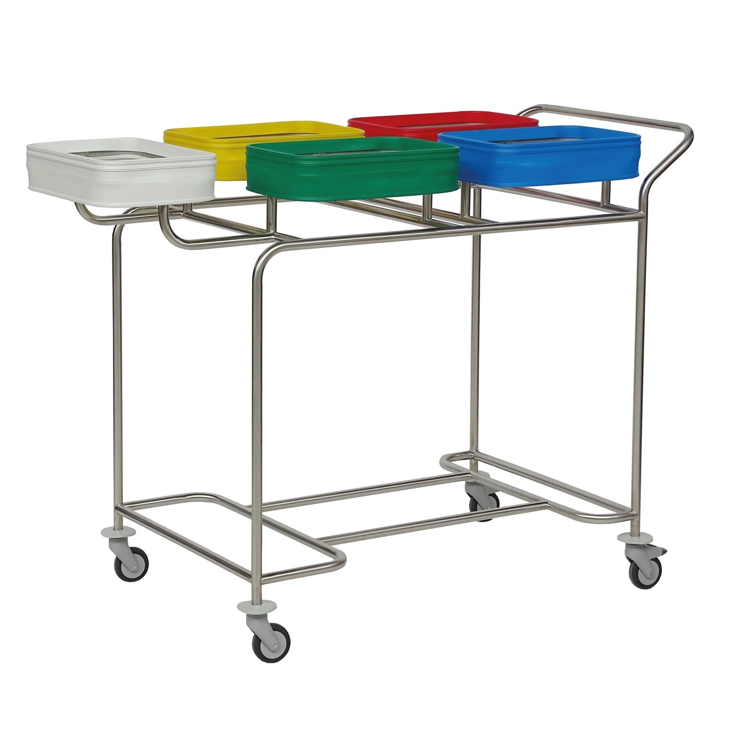 Una soluzione salvaspazio: Il raccoglitore di biancheria in acciaio inossidabile Novocal "Kompakt plus" con cinque scomparti e coperchi colorati su ruote è ideale per smistare la biancheria sporca o i rifiuti.