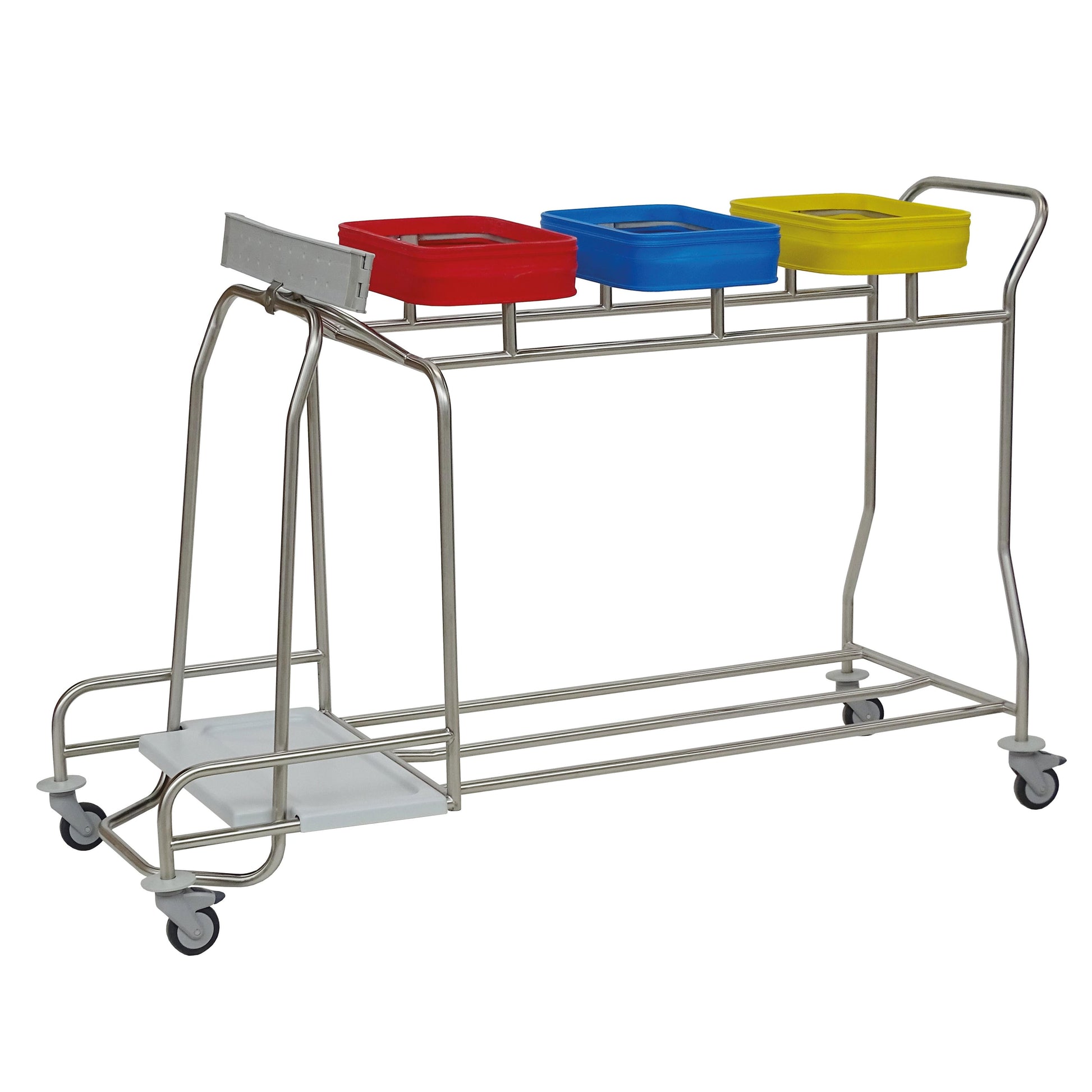 Der Novocal Edelstahl-Wäschesammler "Kompakt plus" ist ein mobiler 3-fach Kombisammler mit farbigen Behältern (rot, blau, gelb) für hygienische Wäscheaufbewahrung oder Abfalltrennung - optimal organisiert und platzsparend auf Rollen.