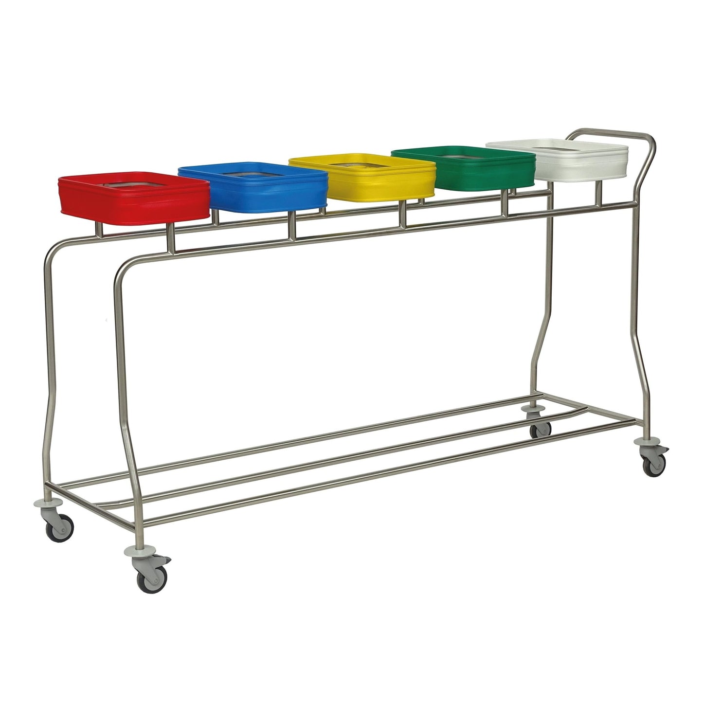 Il raccoglitore di biancheria in acciaio inox Novocal "Kompakt plus" è un carrello raccoglitore a cinque scomparti salvaspazio con cinque coperchi colorati, quattro ruote e maniglia per un trasporto confortevole.