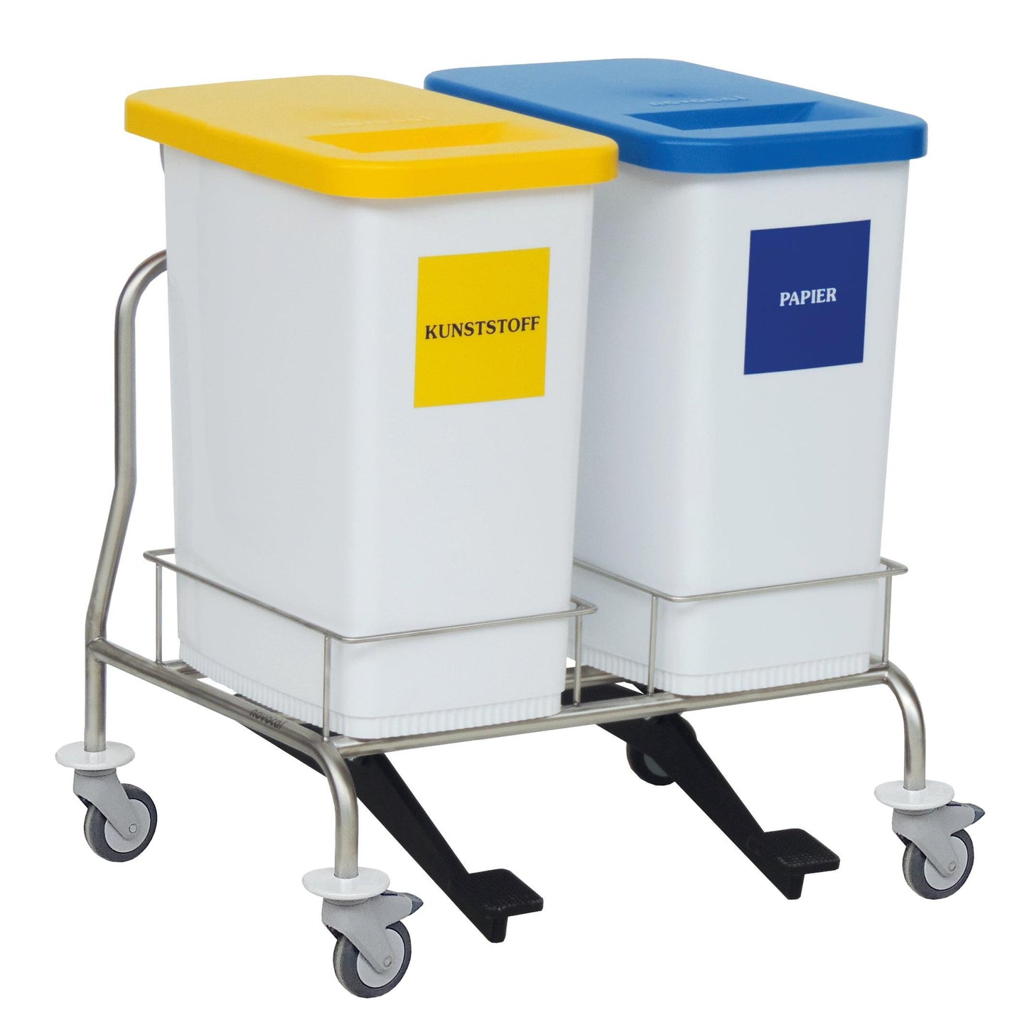 Il raccoglitore di materiali riciclabili Novocal a due scomparti è composto da due contenitori rettangolari su un carrello in acciaio inossidabile con ruote, un coperchio giallo "plastica" a sinistra e un coperchio blu "carta" a destra, che garantiscono una separazione efficiente dei rifiuti.