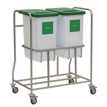 Il raccoglitore di materiali riciclabili Novocal Kombisammler è composto da un telaio in acciaio inossidabile con quattro ruote, che supporta due contenitori bianchi con la scritta "GLAS" e coperchi verdi, fissati uno accanto all'altro per una separazione efficiente dei rifiuti.