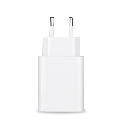 L'alimentatore e la custodia protettiva per l'alimentatore del Pluslife Mini Dock sono un elegante adattatore europeo bianco con due perni metallici, ideale per alimentare dispositivi elettronici. È presentato in posizione verticale su uno sfondo bianco semplice, che ne sottolinea il design elegante e minimalista.