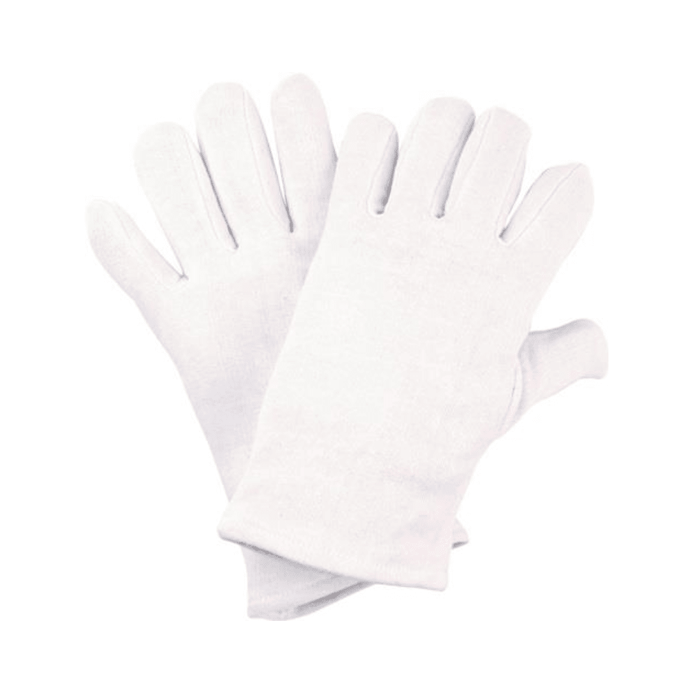Una confezione di 12 paia di guanti in maglia di cotone NITRAS, bianchi di AS Arbeitsschutz GmbH, in cotone OEKO-TEX, disposti piatti su sfondo bianco.