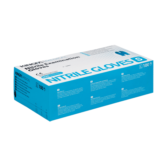 Una confezione di guanti da visita in nitrile Kingfa, in confezione di colore ciano e bianco, realizzati in nitrile sintetico al 100% e privi di lattice. La confezione contiene 100 pezzi. È presente un testo che ne evidenzia le caratteristiche.