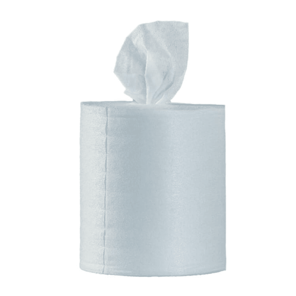 Un rotolo di salviette disinfettanti umide Optimum11 BestWipes con un singolo foglio parzialmente srotolato dall'alto è elegantemente posizionato su uno sfondo semplice e bianco. Il colore bianco impeccabile sottolinea la purezza e la pulizia, rendendole la scelta ideale per mantenere l'igiene.