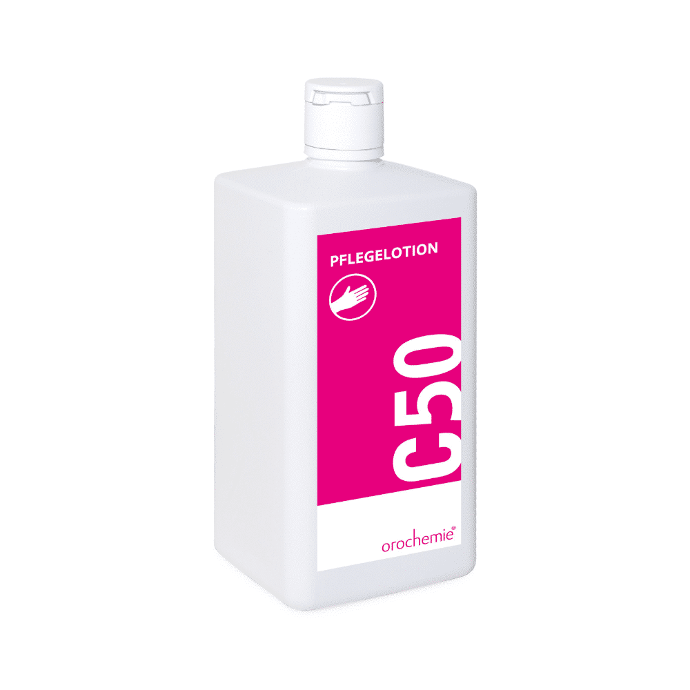 Flacone rettangolare bianco da 500 ml con la scritta "Orochemie C 50 Lozione nutriente" della orochemie GmbH + Co KG, con etichetta rosa recante il simbolo di una mano e tappo bianco – ideale per le mani sensibili.