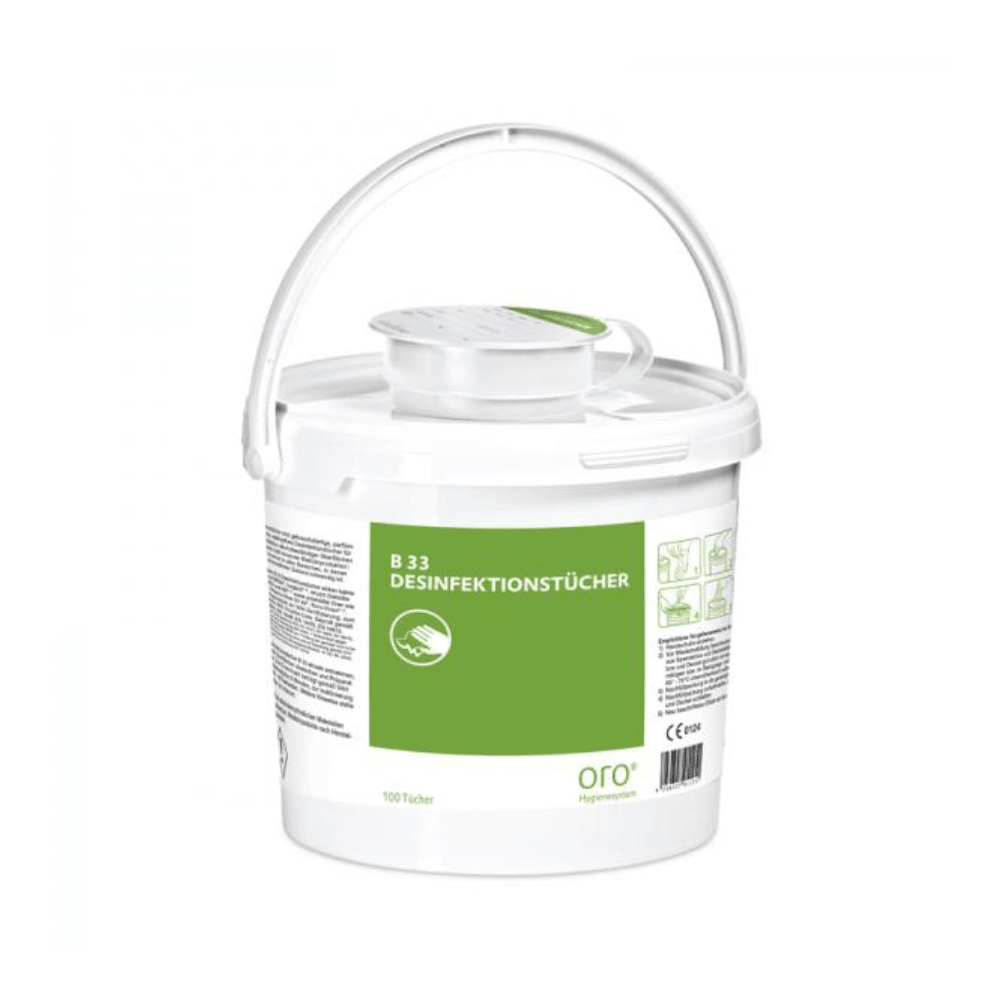 Una scatola dispenser Orochemie bianca in plastica con manico, con la scritta "Orochemie B 33 Salviette disinfettanti", contiene 100 salviette disinfettanti e un'etichetta verde-grigia con istruzioni per l'uso.