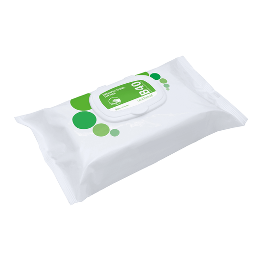 Una confezione di salviettine disinfettanti Orochemie B 40, pronte all’uso, con un’etichetta verde recante la scritta in inglese «refreshing», appositamente progettate per la disinfezione rapida, su uno sfondo bianco semplice.