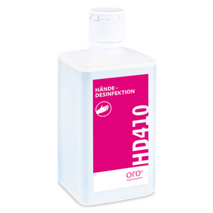 Una bottiglia di plastica bianca con tappo bianco e etichetta rosa riporta la scritta "Orochemie HD 410 Disinfezione delle mani" della orochemie GmbH + Co KG ed è dotata di un simbolo della mano per la disinfezione igienica delle mani.