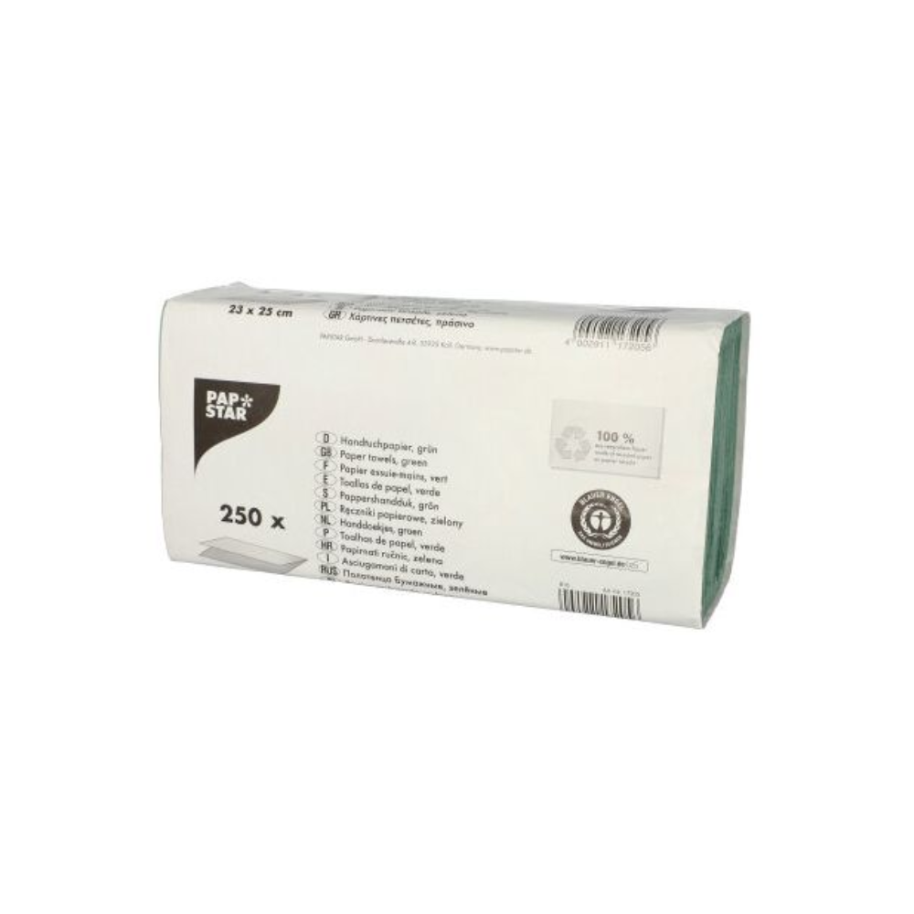 Questo set di 250 tovaglioli di carta verdi ed ecologici della PAPSTAR GmbH in carta crespa riciclata ha le dimensioni di 25 x 23 cm. La confezione presenta dettagli del prodotto e il logo iconico PAPSTAR, garantendo qualità e sostenibilità ad ogni utilizzo.
