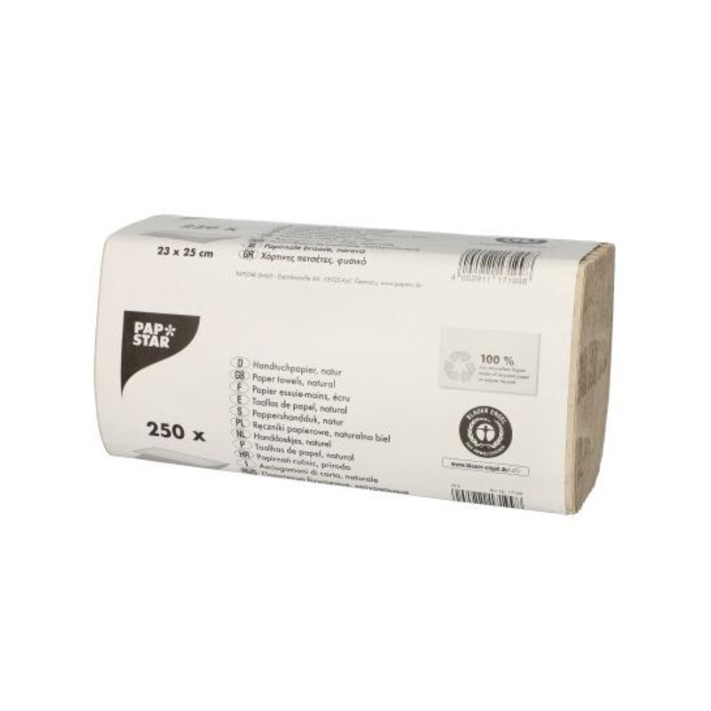 Una confezione di asciugamani di carta della PAPSTAR GmbH è di colore naturale, misura 25 x 23 cm ed è progettata con una piega a zigzag. Ogni confezione contiene 250 tovaglioli monostrato ed è orgogliosamente contrassegnata con il marchio ecologico Blauer Engel.